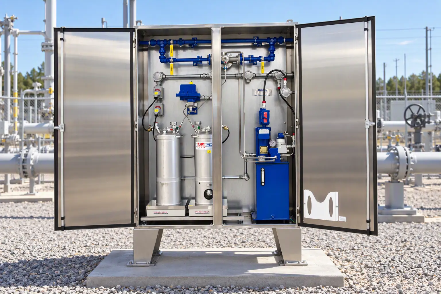 Stainless steel crude oil sampling enclosure with hydraulic power unit and two sample containers