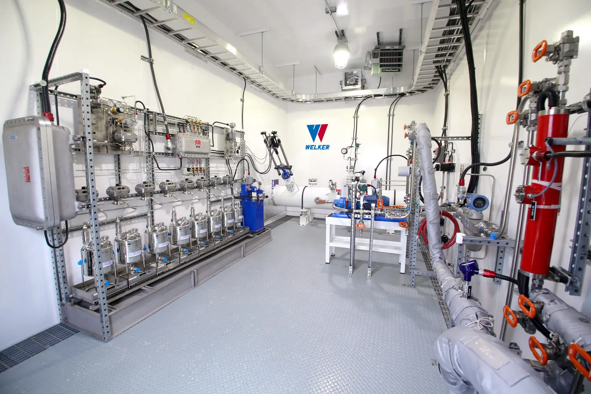 Welker crude oil sampling system with power mixing pump, inFlow sampler, and sample receivers inside an analyzer building